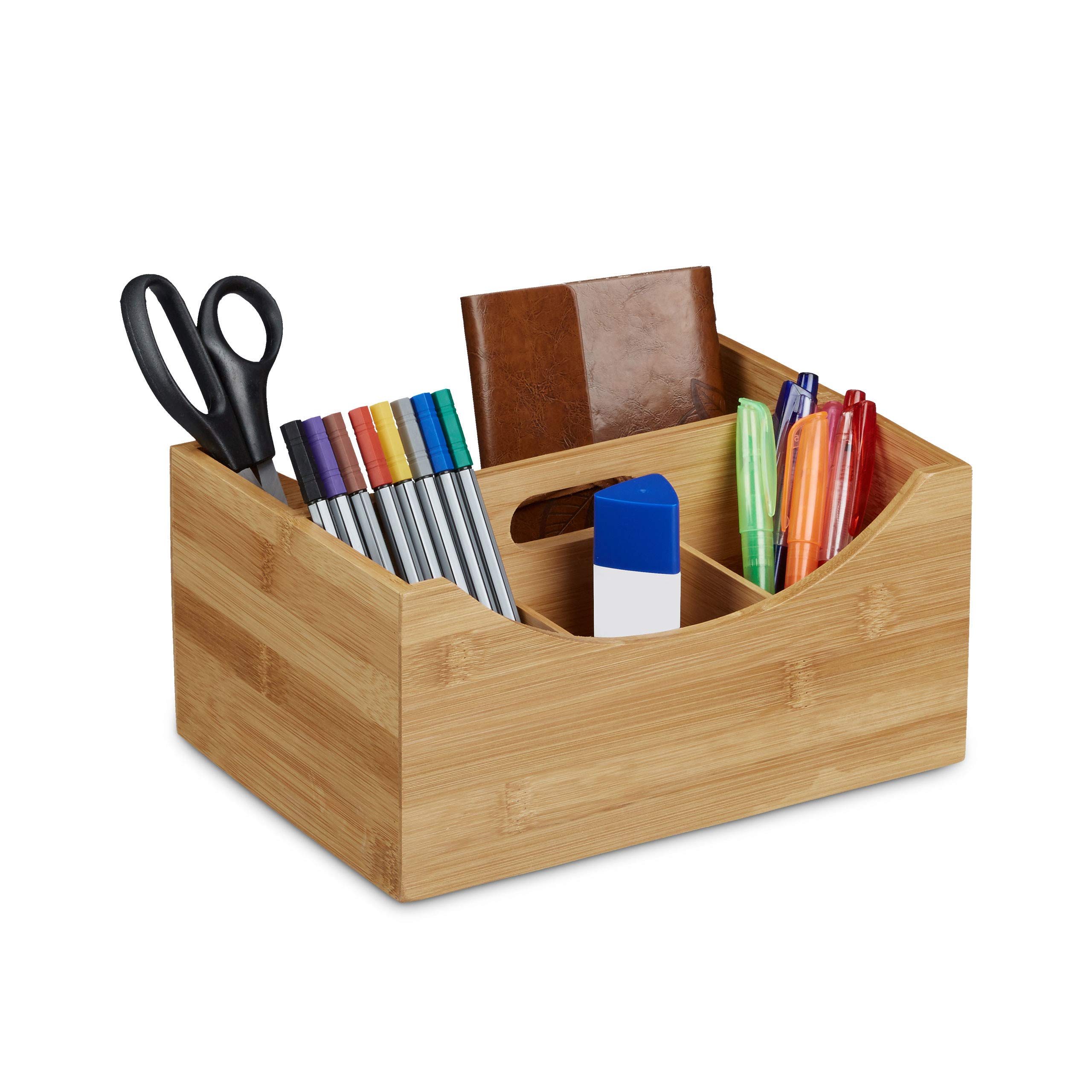 Relaxdays Bamboo Desk Organizer, Stationery Pen Holder, Office File Sorter Cabinet, HxWxD: 9 x 13 x 16 cm, Natural