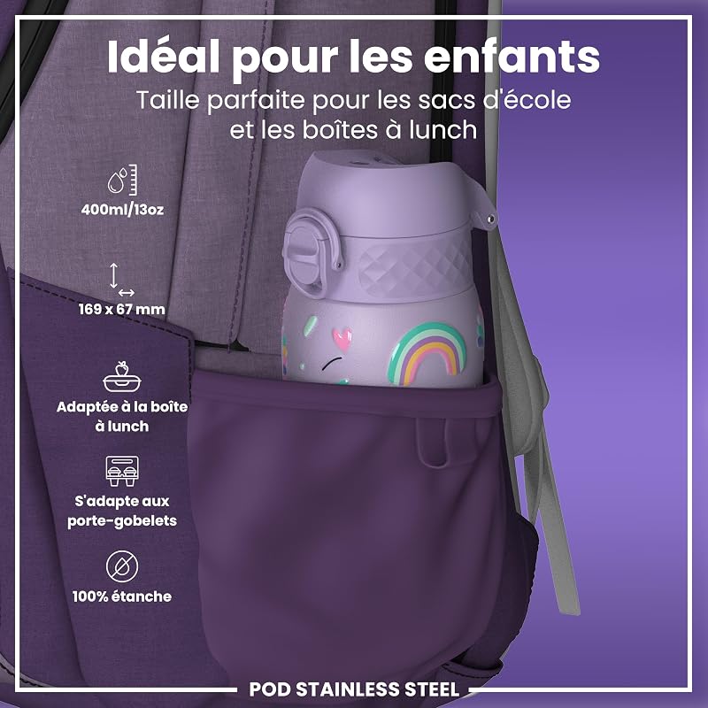 Gourde Enfant, Inox Léger, 400ml, Non Isolé, Anti-Fuite, Facile à Ouvrir, Verrouillage Sécurisé, Lavable au Lave-Vaisselle, Poignée de Transport, Acier Inoxydable, Licornes Violet