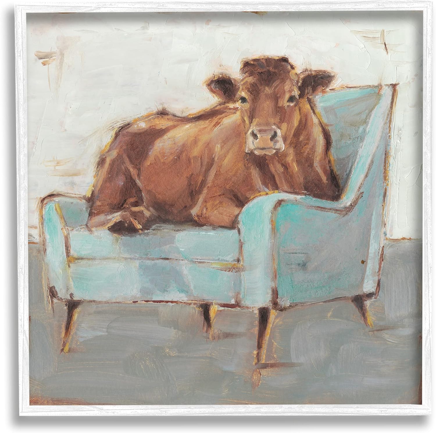 Paintings - Stupell Industries Brown Bull on a Blue Couch Neutral Color Painting, Design by Ethan Harper White Framed Wall Art, 17 x 17