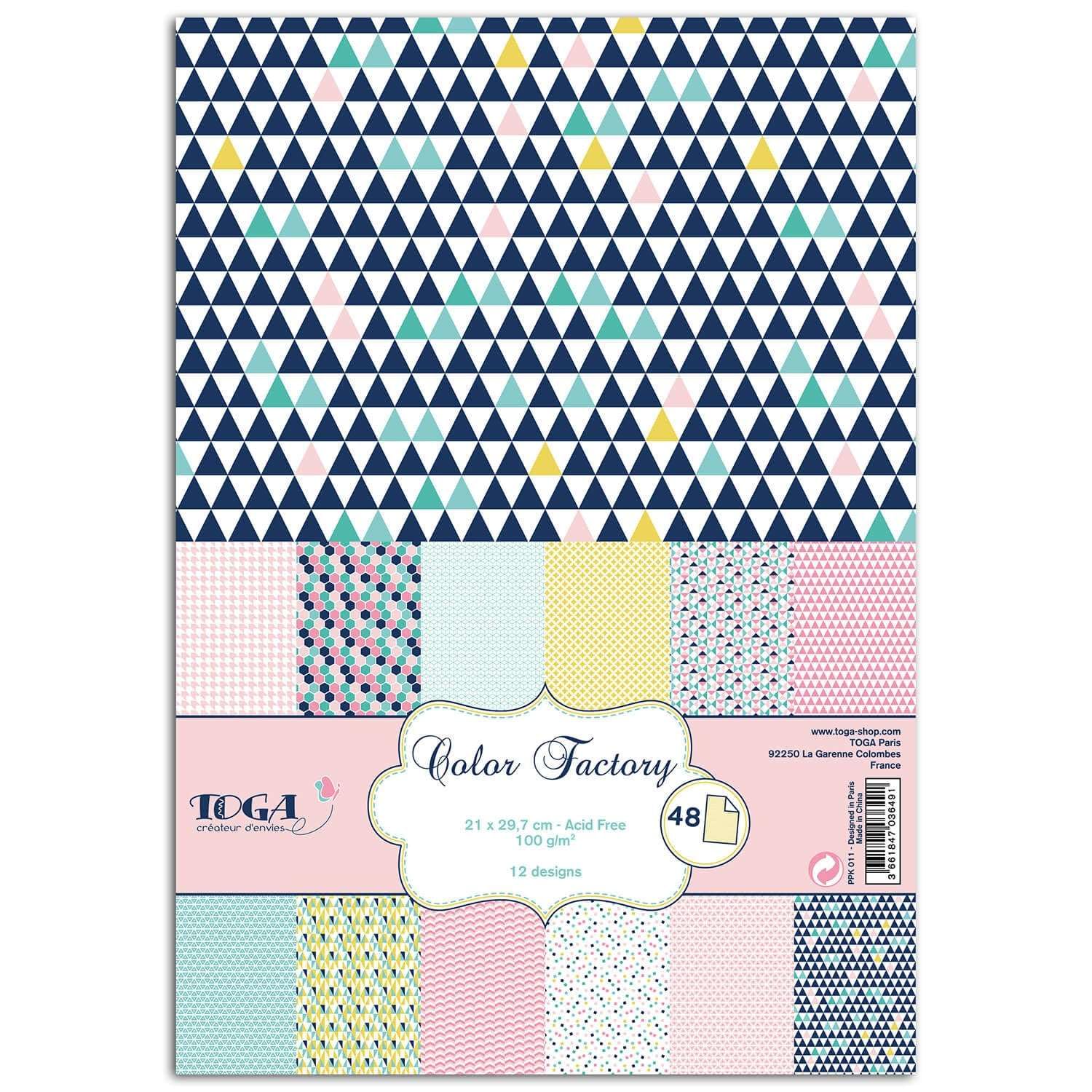 Toga PPK001 Birth Pack of 48 Printed Paper Sheets, Multi-Coloured, Paper, Géométrique Pastel, 21 x 29.7 x 0.1 cm