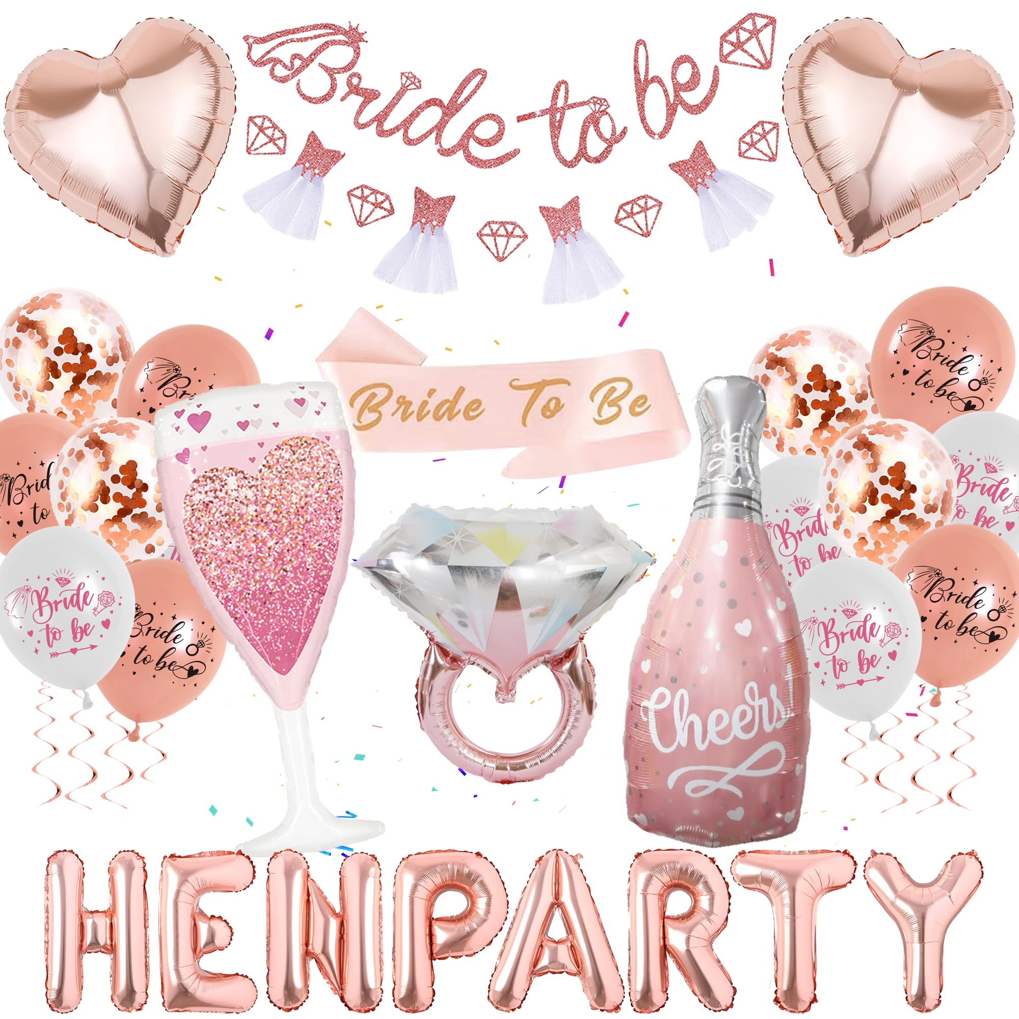 Rose Gold Hen Party Decorations - 48 Pieces Wedding Decoration Bride to Be Banner Hen Party Heart Shape Foil Balloons Champagne Glass Shape Diamond Ring Balloon for Bridal Shower Engagement Supplies