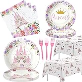 HIPVVILD Princess Birthday Party Supplies Dinnerware, Princess Party Decorations Tableware for Birthday Baby Shower, Paper Plates and Napkins Set, Disposable Forks, Tablecloth | Serves 24