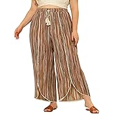 Agnes Orinda Plus Size Pant for Women Split Elastic Waist Flowy Striped Wide Leg Pants