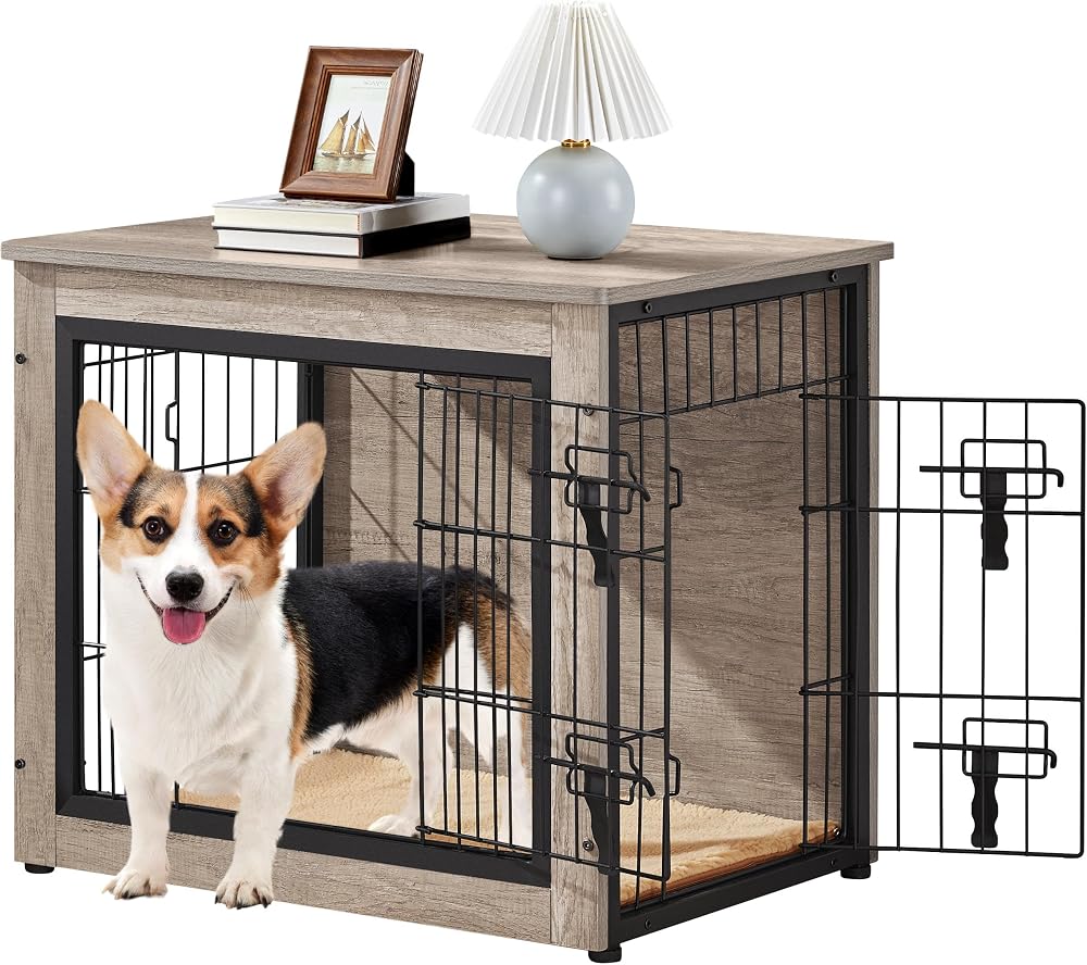 Yaheetech Dog Crate Furniture End Table with Double Doors Gray Wood Metal