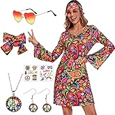 ATAMET 70's Women Costumes Hippie Dress, 1970s Outfits Accessories Set, 60s 70s Disco Prom Dress, Carnival Halloween Costumes