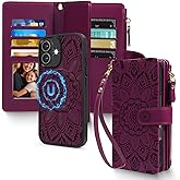 Harryshell 2 in 1 for iPhone 17 6.3 inch Wallet Case Magnetic Compatible with Magsafe RFID Blocking Card Holder Detachable Phone Cover Zipper Purse Kickstand Wrist Strap for Men Women Floral Burgundy