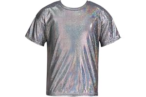 easyforever Girls Boys Shiny Metallic Short Sleeve Shirt T-Shirt Kids Sparkly Jazz Hip Hop Dance Top Performance Blouse
