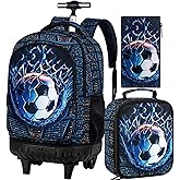 TXHVO 3Pcs Rolling Backpack for Boys Men, Kids Roller Bookbag with Wheels, Soccer Wheeled Backpacks Set for Elementary Toddler(Football)