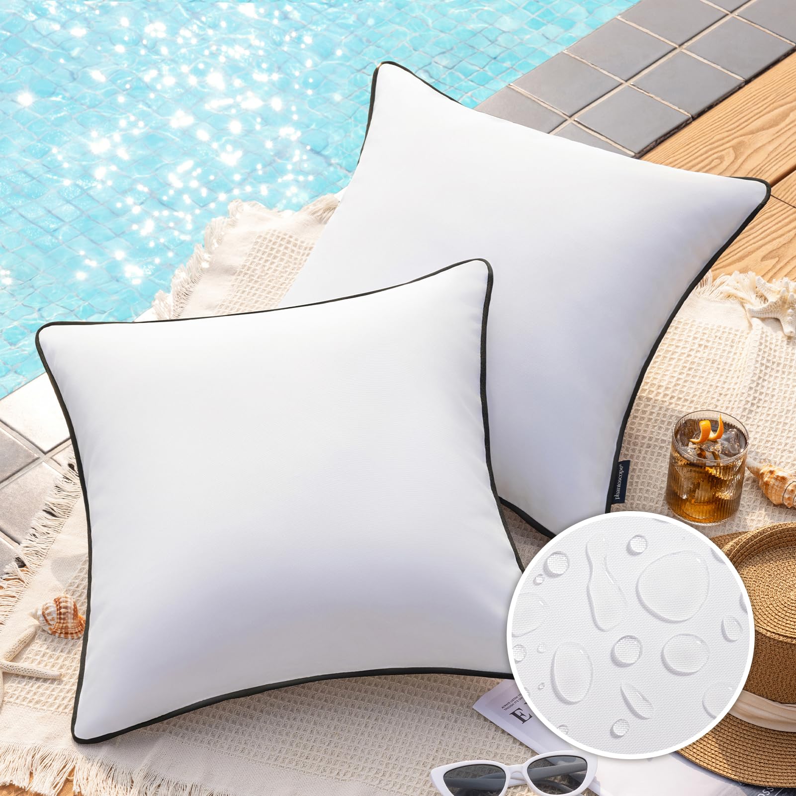 Photo 1 of Phantoscope Pack of 2 Outdoor Waterproof Throw Pillow Covers with Contrast Piping, Decorative Square Cushion Case Patio Pillows for Couch Tent Sunbrella, Pure White 20x20 inches