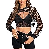 Women Mesh Crop Top Hoodie Fishnet See Through Long Sleeve Shirt Sheer Blouse for Club Party