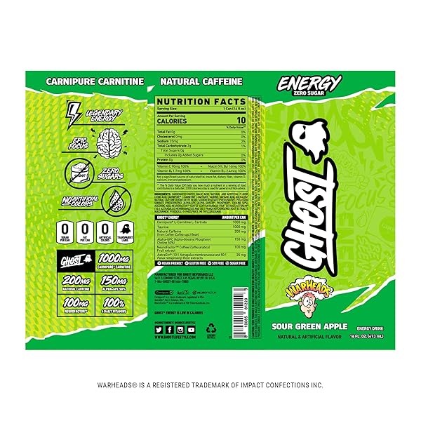 GHOST ENERGY DRINK – SINGLE CAN, WARHEADS SOUR GREEN APPLE 16OZ – ENERGY & FOCUS & NO ARTIFICIAL COLORS – 200MG NATURAL CAFFEINE, L-CARNITINE & TAURINE – GLUTEN-FREE & VEGAN