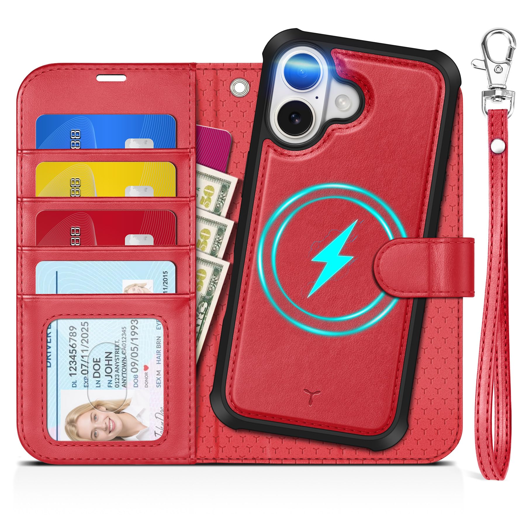 Photo 1 of TUCCH 2-in-1 Removable Case Wallet for iPhone 17 (6.3") 2025, Detachable Wrist Strap, 4 Card Holders RFID Blocking, Wireless Charging, Stand, Magnetic, PU Leather, Shockproof Folio Cover, Red