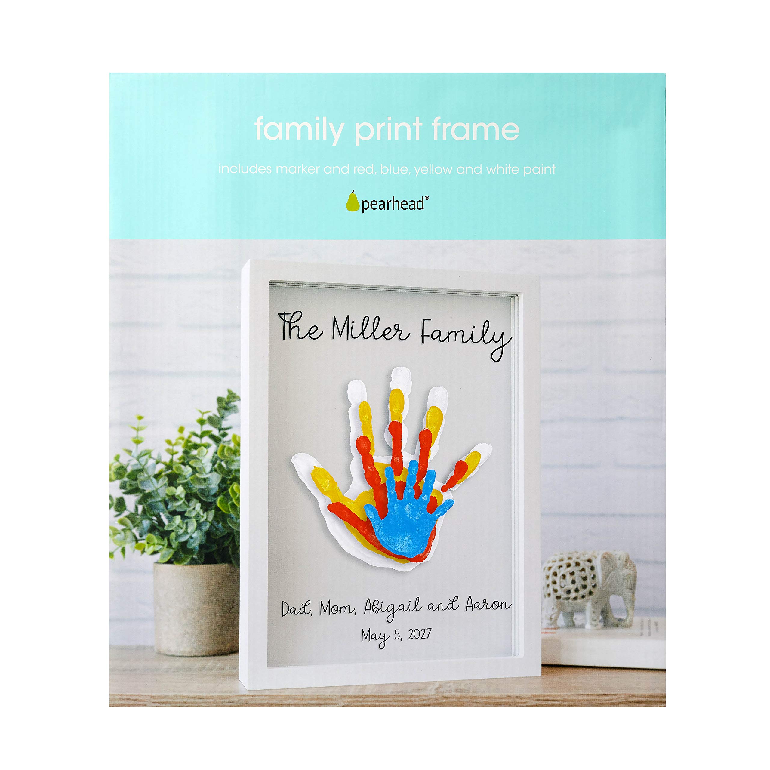 Pearhead Clear Family Handprint Frame, DIY Art Print Keepsake, Home Decor, Gift for New and Expecting Parents, 4 Paint Colors Included