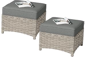 HOOOWOOO 2 Piece Patio Ottoman Set,Outdoor Wicker Ottomans,All Weather Resistant Rattan Deck Ottoman Matching Furniture(Dark Grey Gray)