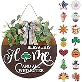 Interchangeable Seasonal Welcome Sign for Front Door, Rustic Round Wood Wreath Wall Hanging Decorations, for Spring Summer Fall Winter All Holiday Halloween Christmas Farmhouse Outdoor Home Decor