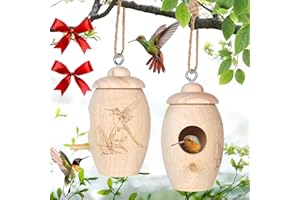 LOTKEY Hummingbird House, 2 PCS Wooden Hummingbird Houses for Outside for Nesting, Screwable Cover Hummingbirds Houses with Red Ribbons, Gardening Gifts Home Decoration