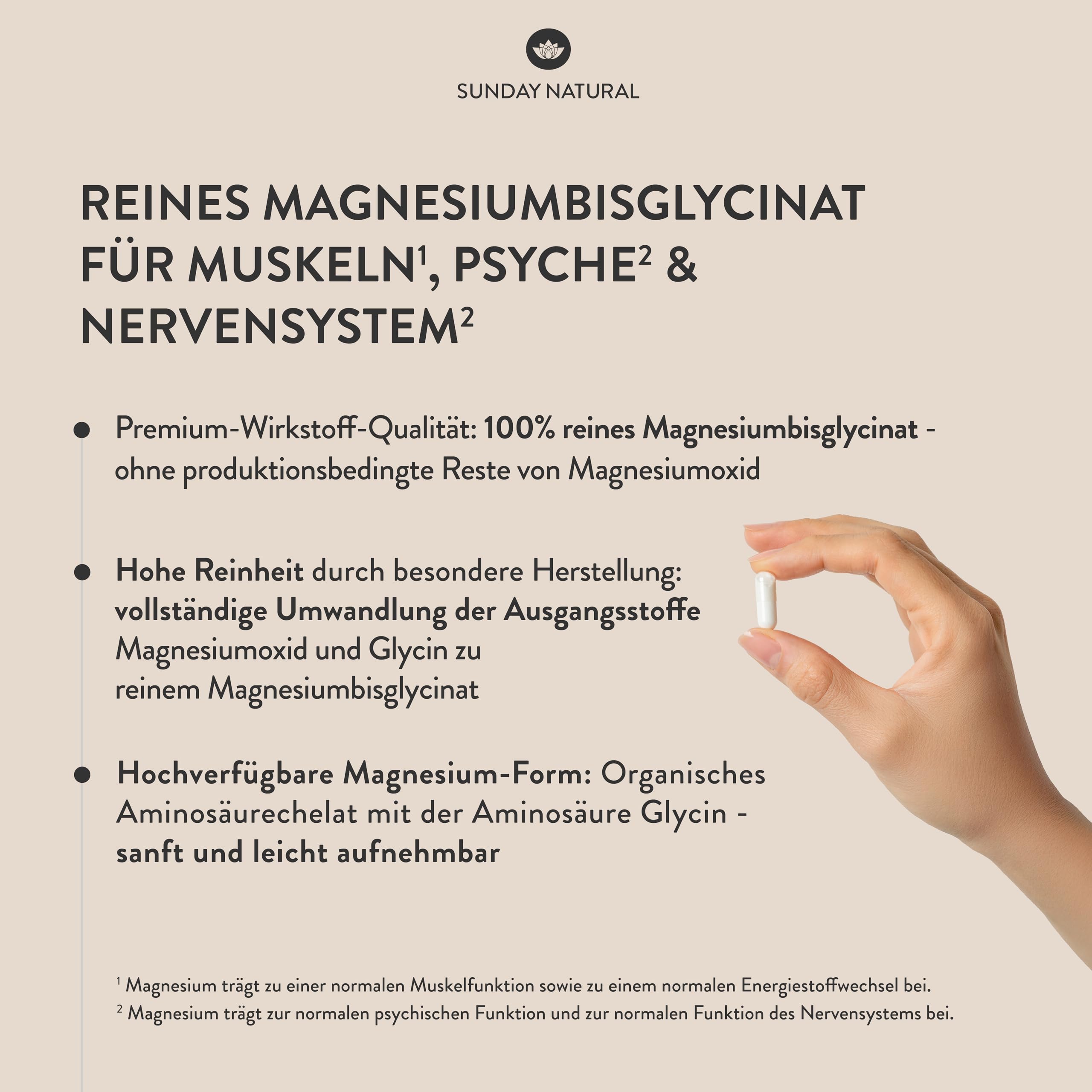 SUNDAY NATURAL® Magnesium Bisglycinat Premium - 240 Kapseln - 150mg reines Magnesium Glycinat Tagesdosis - Magnesiumglycinate als organisches Aminosäurechelat – Laborgeprüft, vegan 4