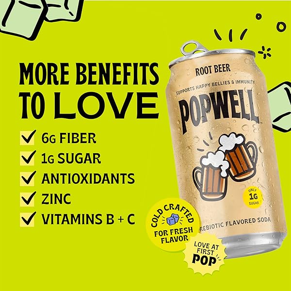 POPWELL ROOT BEER BETTER-FOR-YOU PREBIOTIC SODA, WITH 6G FIBER, 1G SUGAR, VITAMINS AND IMMUNITY SUPPORT, 12 FL OZ CANS (PACK OF 12)