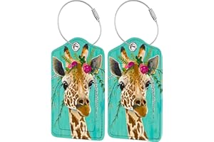 BESTEIOYO 2 Pack Luggage Tag for Suitcase, Cute Unique Leather Bag Tags Identifiers Privacy Cover ID Label with Durable Steel Loop for Women Men Kids Girls Travel, Giraffe