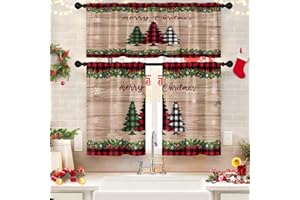 Britown Christmas Plaid Tree Kitchen Curtains with Valance and Tier Sets 36 Inch, 3 Pieces Rustic Wooden Rod Pocket Drapes Window Treatment Curtains for Kitchen Over Sink Bed Room Decor