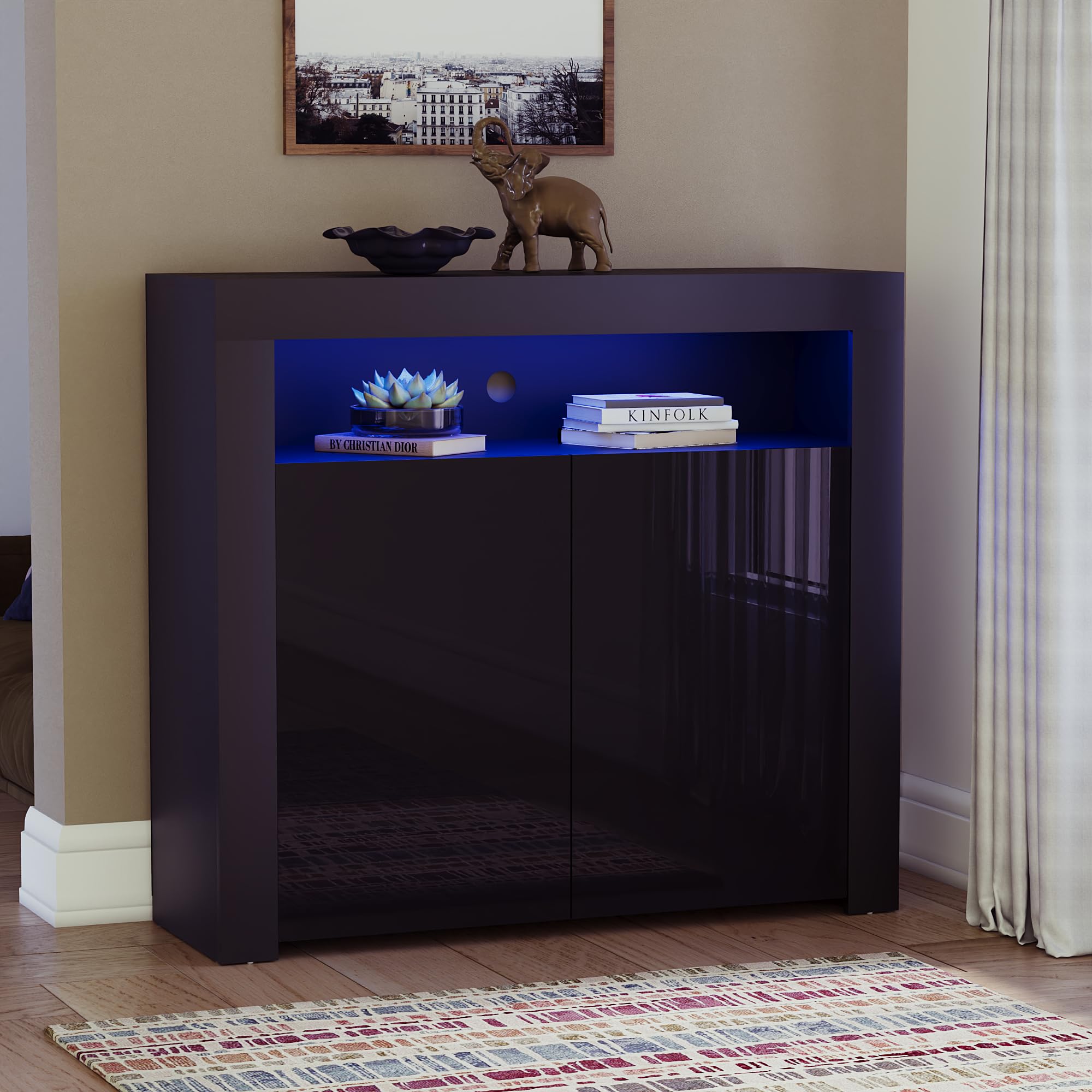 Vida Designs Nova 2 Door Modern LED Sideboard in Black, RGB Lights (Fade/Strobe Options Included), High Gloss