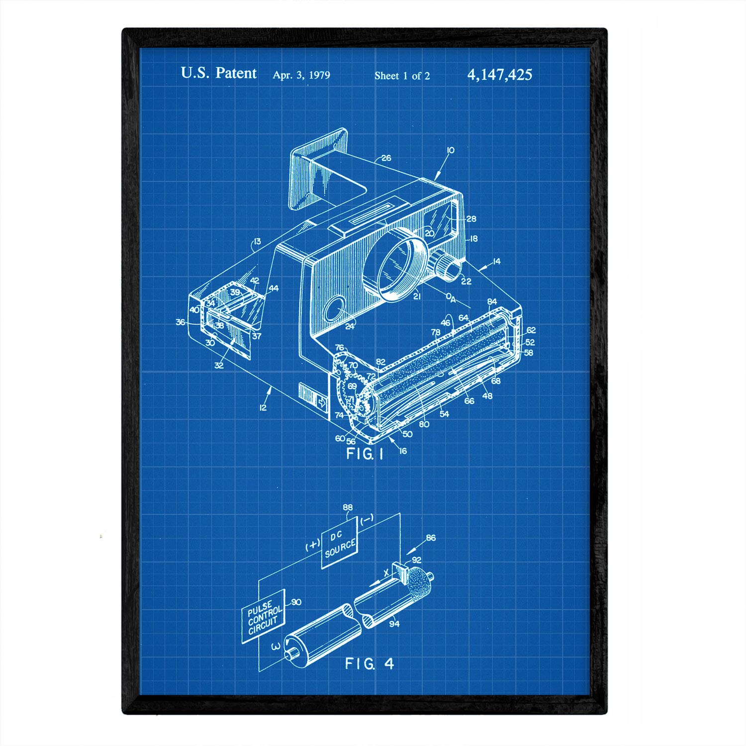 Nacnic Patent Poster with Polaroid camera. Sheet with old design patent A3 size with blue background