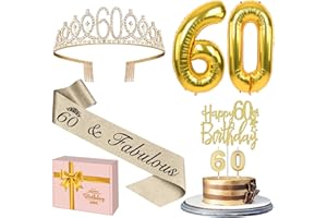 YEOHJOY 60th Birthday Decorations for Women Gold with 60th Birthday Sash and Tiara, Cake Topper and Candles,Number Balloons, 60 Year Old Gifts for Women