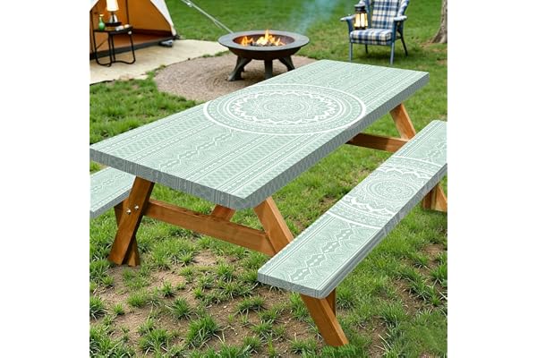 Kxyhug Picnic Table Cover Fitted with Bench Covers, Waterproof Fitted Picnic Table Covers with Elastic Edges, Reusable Campin