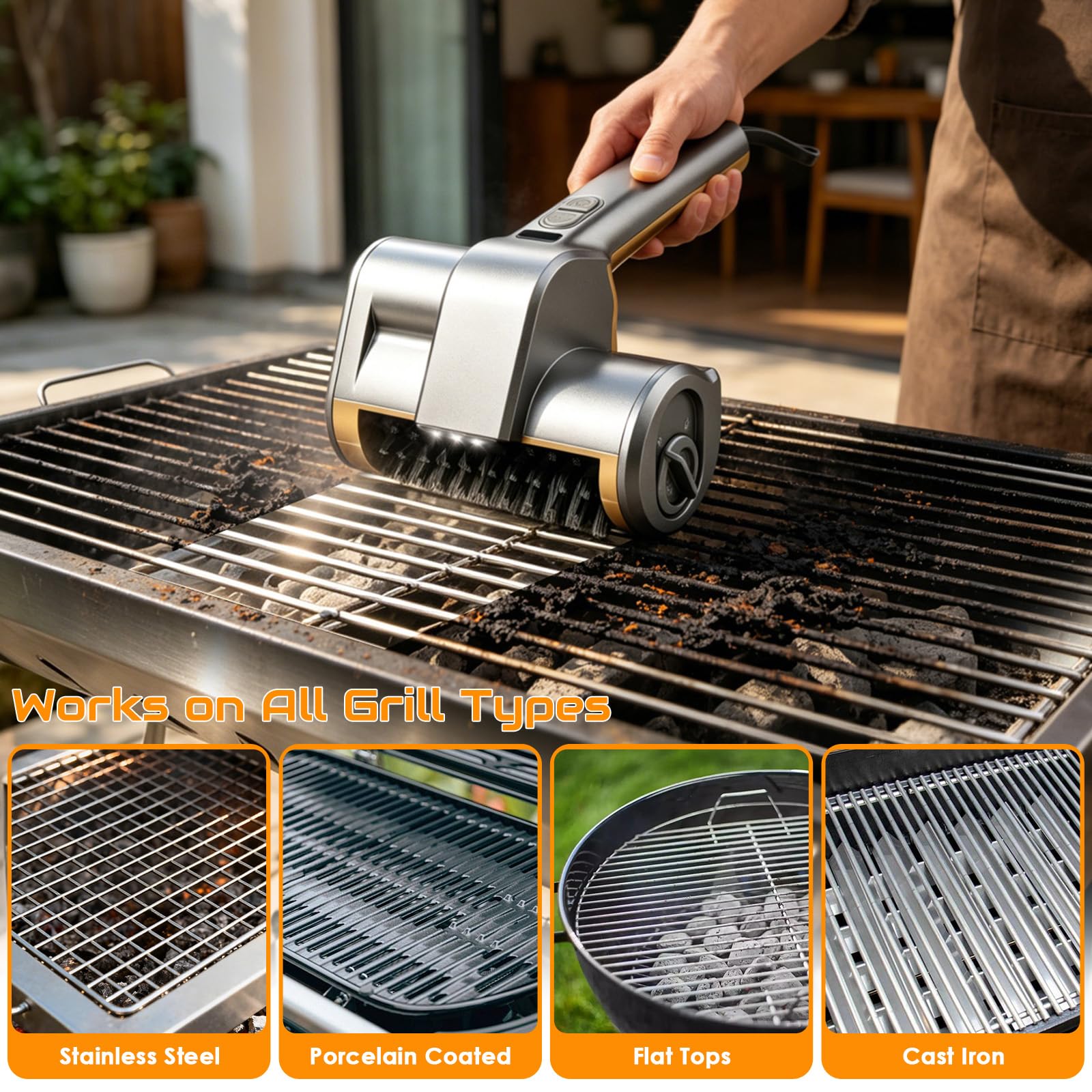 Elektrische Grillbürste, Kabelloser BBQ Grillreiniger, mit LED-Leuchten,140 Min Laufzeit,2 Gänge,3 Köpfen,wasserdicht & hitzebeständig, Grillbürste für Gusseisen, Edelstahl & Holzkohlegrills 5