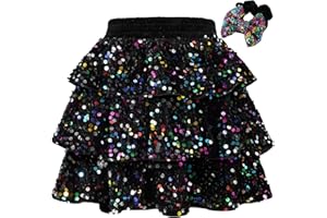 PARTTELY Girls Sequin Skirt 3-Layer Ruffle Skirts Elastic Waist Sparkle Metallic Tulle Skirts with Hair Scrunchies for Girls 6-14Y