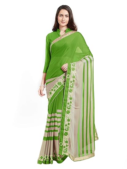 Womens Satin Embroidered Lace Saree With Un-Stitched Blouse Fabric (6339 - Green - Free Size)