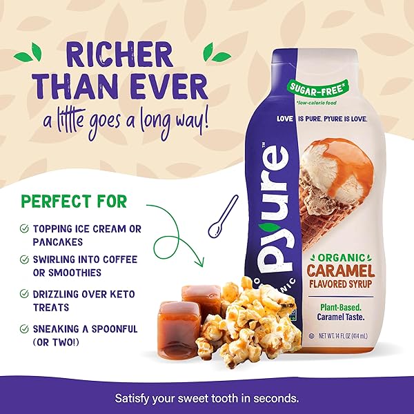 PYURE ORGANIC CARAMEL DESSERT SYRUP | SUGAR-FREE CARAMEL TOPPING FOR KETO ICE CREAM, PANCAKES, LOW CARB SWEETS | 1G NET CARB, GLUTEN-FREE, VEGAN, NON-GMO, PLANT-BASED, DIABETIC FRIENDLY | 14 OZ