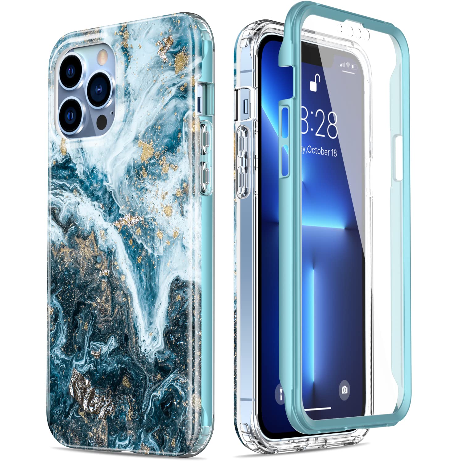 Esdot for iPhone 13 Pro Case with Built-in Screen Protector,Military Grade Rugged Cover with Fashionable Designs for Women Girls,Protective Phone Case 6.1" Opal Marble Teal