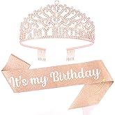 CUBACO Happy Birthday Crown and Sash for Women Girls Its My Birthday Tiara for Women Princess Tiara Crown Hair Accessories Glitter Party Decorations Rose Gold