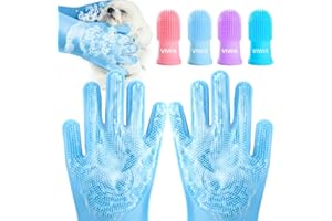 VIWIK Dog Bath Gloves with 4Pack Dog Toothbrush, Dog Grooming Kit, Dog Finger Toothbrush for Small Breed, Medium Large Dogs, Silicone Dog Washing Gloves with High-Density Teeth, Pet Grooming Gloves
