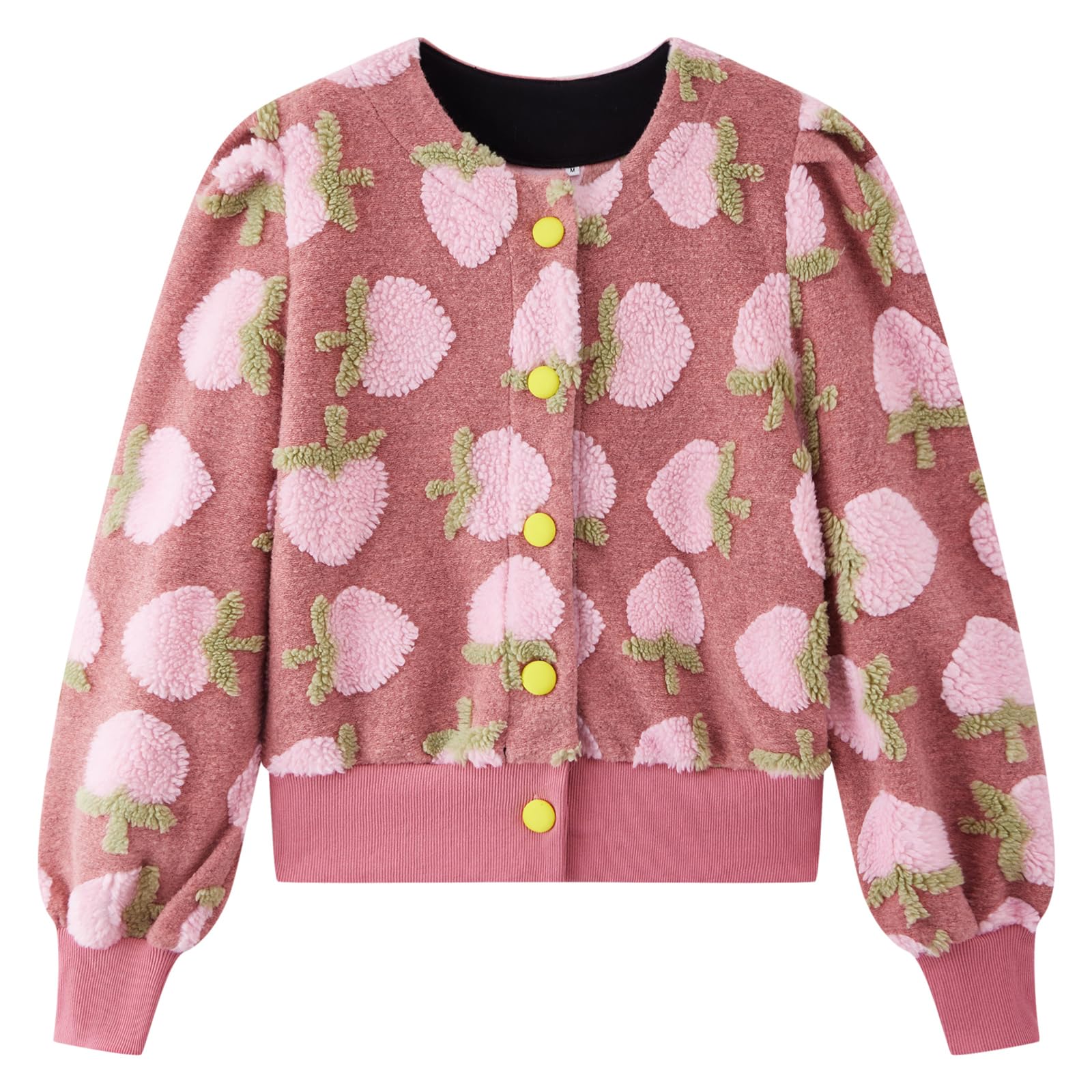 Photo 1 of (kids medium) HOULENGS Women's Cropped Floral Print Fleece Bomber Jacket Casual Puff Sleeve Button Down Coats Winter Warm Outerwears 02Pink Large
