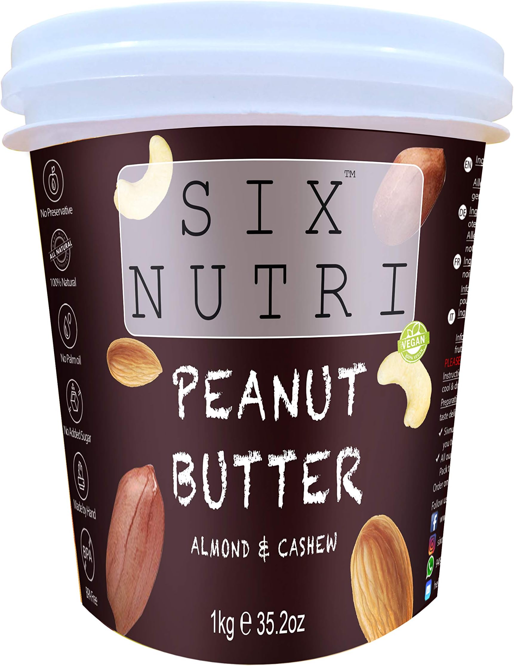SIXNUTRI High Protein Peanut Butter with Almond and Cashews-1 KG . (Peanut 80% Almond 10% ,Cashew 10% ) All Natural Stone Ground Keto Vegan Diet)