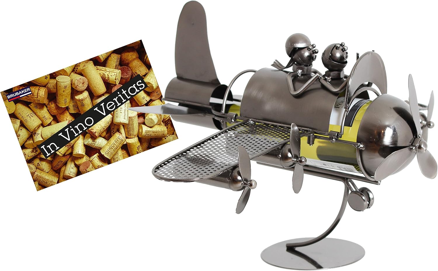 BRUBAKER Decorative Wine Bottle Holder - Metal Sculpture - Gift Idea - Couple on Plane, Silver, 26*36*51 cm