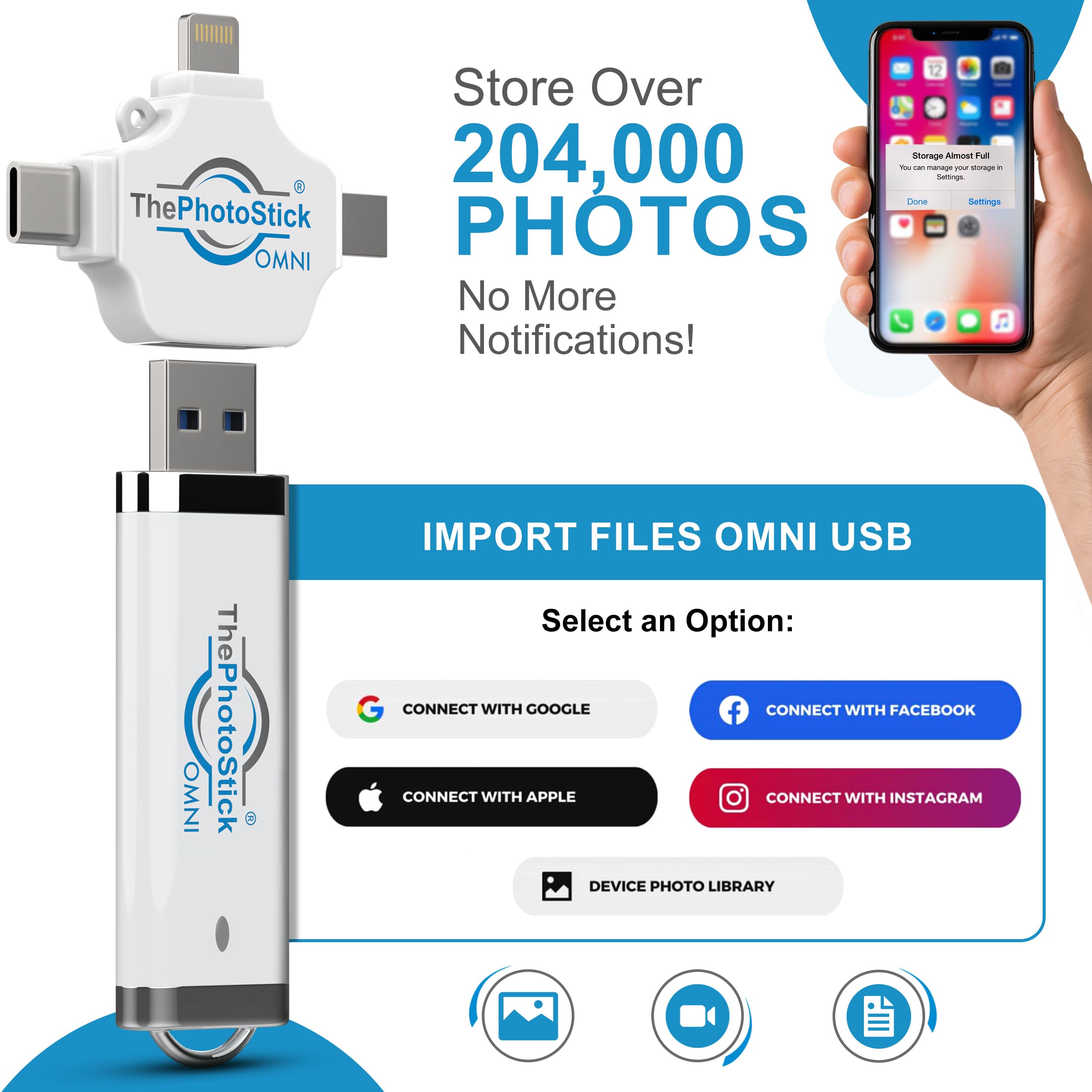 ThePhotoStick® Omni 64GB USB Flash Drive & Memory Stick – Photo & Video Backup for iPhone, Android, Mac & PC – Multiport Connection to Easily Store & Transfer Files