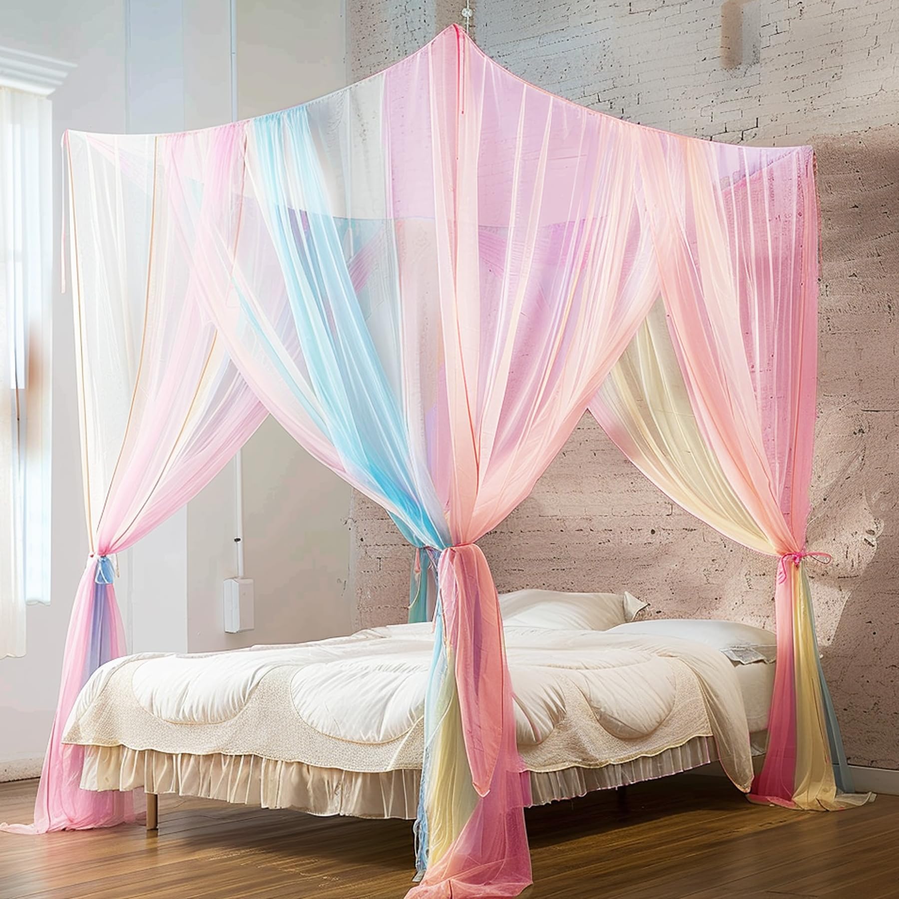 Rainbow Mosquito Net for Double Bed 4 Corner Post Elegant Mosquito Net Bed Canopy Set Stick Hook & Profession Rope for Net, Screen Netting Canopy Curtains, Full/Queen/King for Camping and Travel