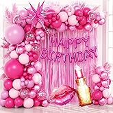Hot Pink Birthday Decorations with Hot Pink Light Pink Confetti Balloons Happy Birthday Foil Balloons Fringe Curtains for Hot Pink Happy Birthday Decorations for Women Adults