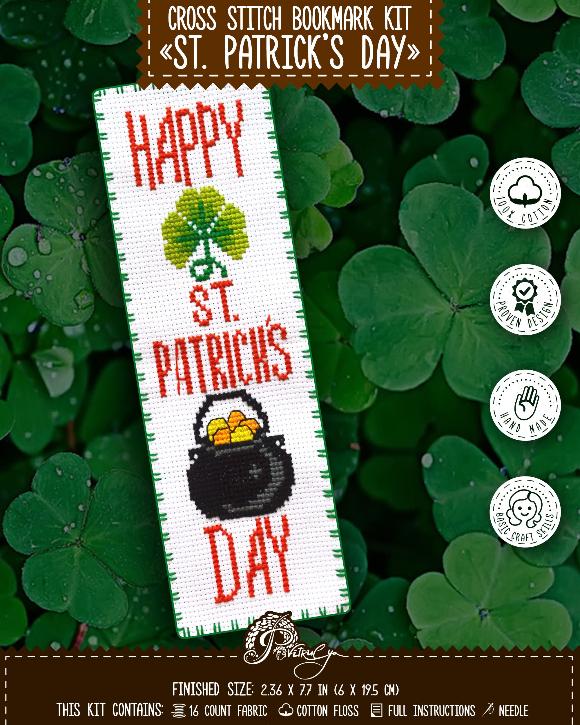Povitrulya Counted Cross Stitch Kit - DIY Kits for Adult Or Kids - Funny Embroidery Bookmark - Easy to Use - Craft Collection - Happy St. Patrick’s Day
