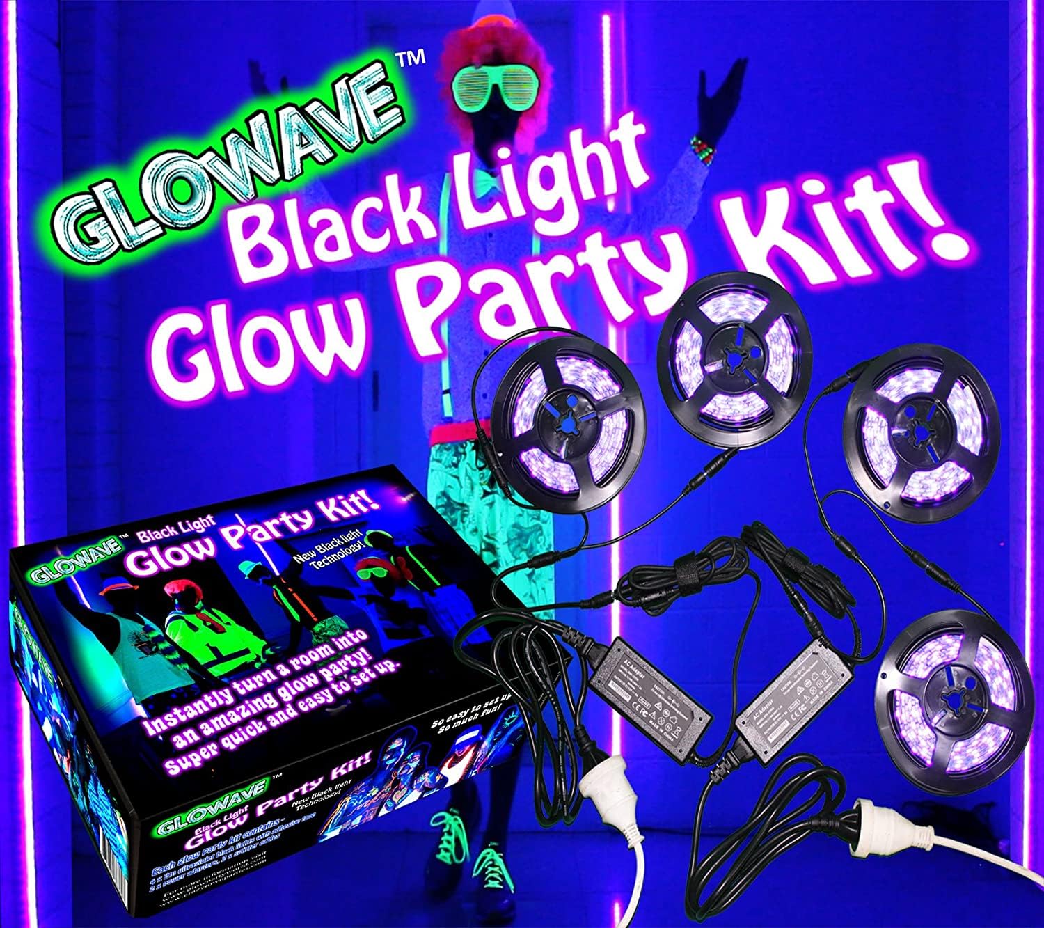 Black Lights for Glow Party! 115W Blacklight LED Strip kit. 4 UV Lights to Surround Your Neon Party. Ultraviolet Lighting for Big Rooms. Easy Set up! Glow in The Dark Party Supplies. Fiesta Luz Negra