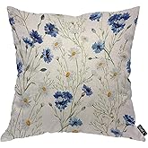 EKOBLA Watercolor Flowers Throw Pillow Cover Blue Cornflower White Daisy Vintage Spring Blossom Cozy Square Cushion Case for Men Women Boys Girls Room Home Decor Cotton Linen 18x18 Inch