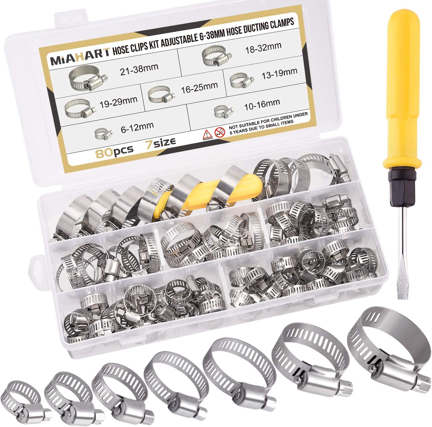 MIAHART 80PCS Hose Clamp Adjustable 638mm Pipe Tube Clamps 7 Sizes