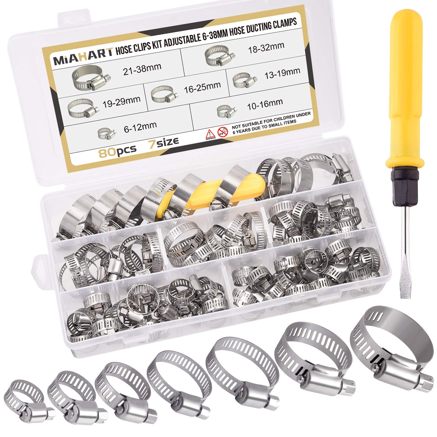 MIAHART 80PCS Adjustable 6-38mm Pipe Tube Clamps - 7 Sizes Hose Ducting Worm Drive Clamps in PP Storage