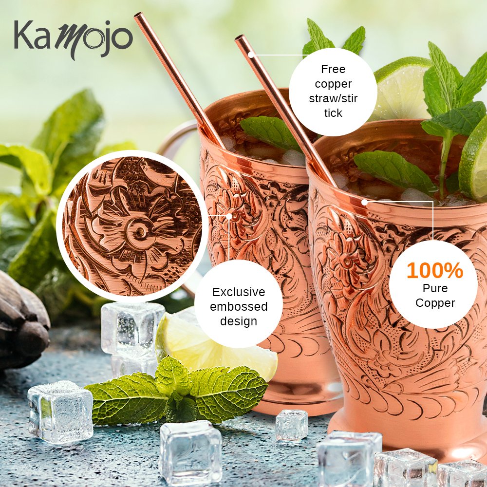 Moscow Mule Pure Copper Mugs Stunning Embossed Gift Set of 4 Copper