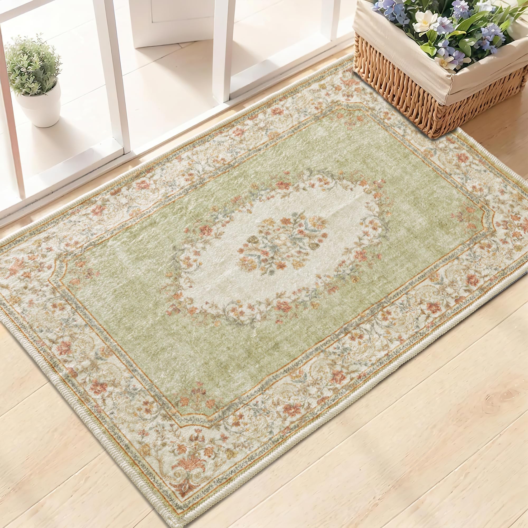 Photo 1 of StangH 2x3 Entryway Rug Low Pile High Traffic Small Area Rug Green Washable Non-Slip Bathroom Mat Flower Design Soft Faux Wool Floor Carpet for Kitchen Bedroom Office