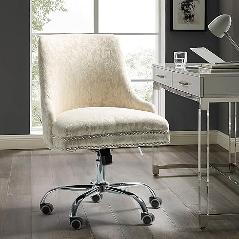Amazon Com Alida Fabric Office Chair With Silver Nailhead Trim Beige Vintage Floral Kitchen Dining