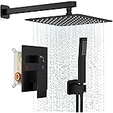 FPXRNG Black Shower Faucet Set, Rainfall Shower System with Square Shower Head and Handle Set, Wall Mounted Shower Fixtures, Full Metal Trim Repair Kit 10 inch Matte Black (With Shower Valve)